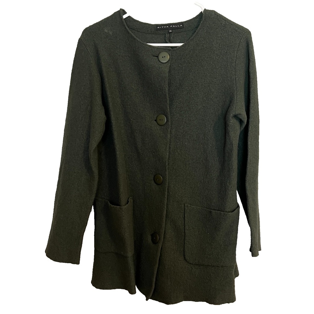 Ritva Falla Forest‎ Green 100% Virgin Wool Cardigan Sweater Button Up Pockets